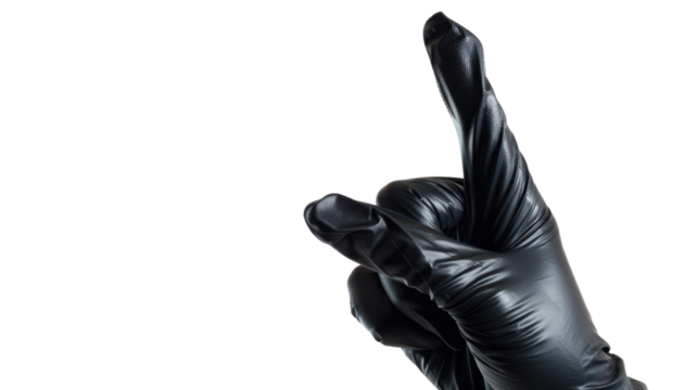 Black rubber glove holding up the index finger on white transparent background
