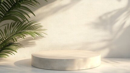 A minimalist round platform surrounded by palm leaves against a textured wall, ideal for presentations or displays.
