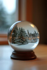 A charming snow globe encasing a serene forest scene, evoking winter wonderland magic with its delicate, snowy landscape.