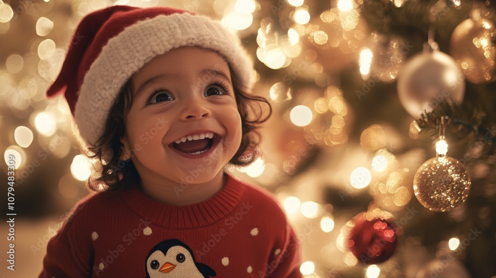 Poster a child wearing a red sweater with a penguin design and a santa hat smiles at the camera. the child 