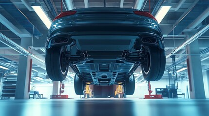 An underside view of a car in a workshop, showcasing its structure and mechanics.