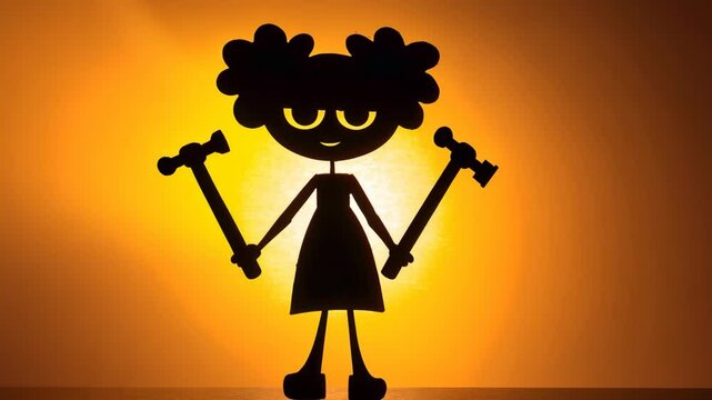 Intriguing artwork of a mechanical girl with hammers in a sunny steampunk laboratory. Unique D silhouette design.