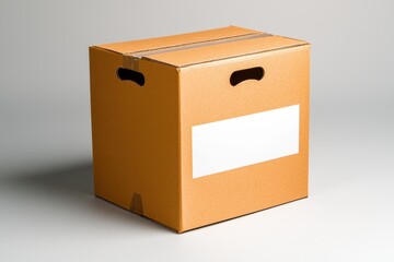Mockup of the prototype visualization. A plain cardboard box with handles and a blank label, suitable for storage or shipping, set against a neutral background.