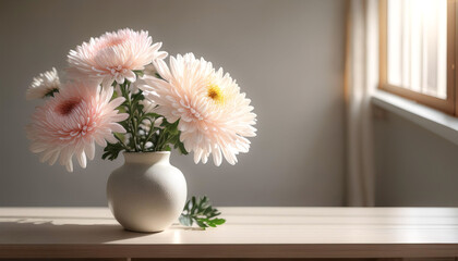 Fresh Chrysanthemum flowers in a simple vase on a table with a minimalist background