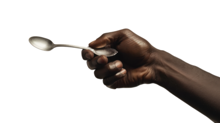 Black male hand holding a silver spoon on white transparent background

