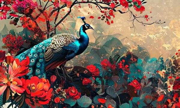 Vintage illustration with floral plants, branches, peacocks, gold.