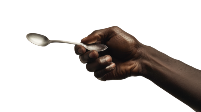 Black male hand holding a silver spoon on white transparent background

