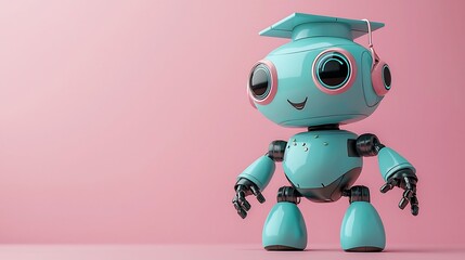 Adorable AI powered robot wearing a graduation cap on a soft pastel colored background emphasizing the themes of education learning and academic achievement in a playful friendly