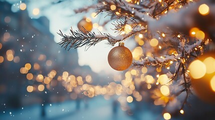 Beautifully decorated Christmas tree with golden shimmering baubles and glowing warm lights against a soft blurred background  Serene holiday scene with open text area for copy