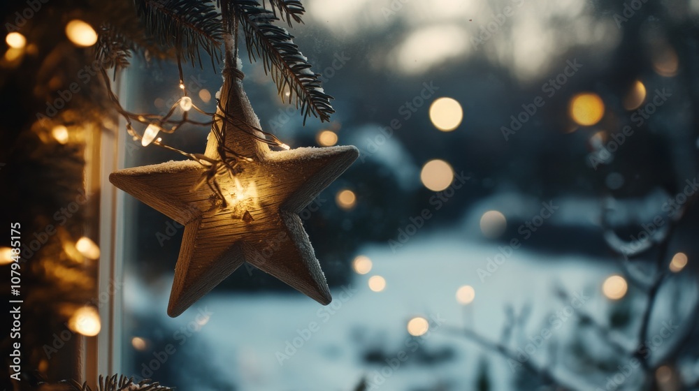Poster a charming star ornament dangles from a tree branch, illuminated by soft lights, while a serene snow