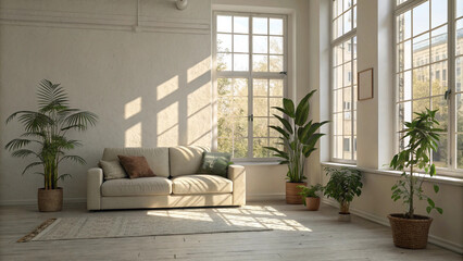 Fototapeta premium Minimalist living room with cozy sofa, indoor plants, and sunlight streaming in