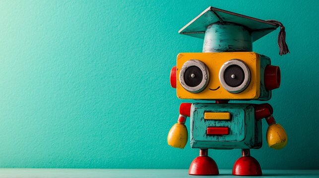 Cute and friendly educational robot wearing a graduation hat on a soft pastel background emphasizing simplicity and approachability for learning and academic achievement concepts