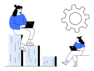 People using laptops sitting on bars of chart and next to large cogwheel. Ideal for business growth, teamwork, productivity, innovation, technology advice, data analysis, strategy. Line metaphor