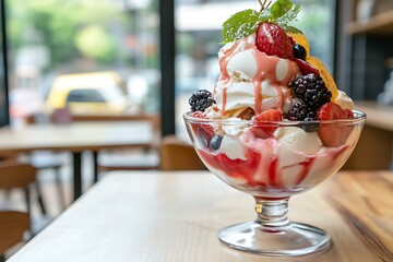ice cream topped with berries fruits and syrup 