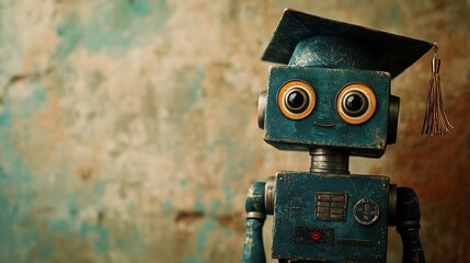 Friendly Robot Character Wearing Graduation Cap on Soft and Calming Background with Ample Space for Text Overlay