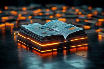 A high-tech newspaper interface with interactive touch screens and augmented reality graphics, symbolizing the future of media