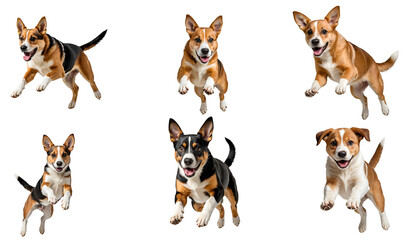 The image captures a delightful moment with six dogs in mid-air, leaping or running isolated on transparent or white background.