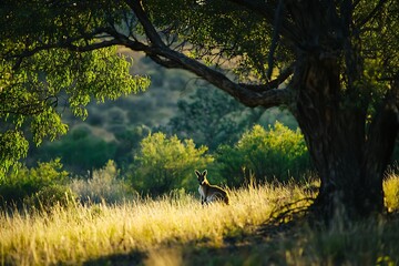 kangaroo under a big tree in the woods