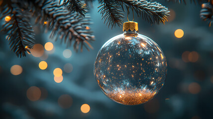 A glass Christmas bauble   suspended from a tree limb