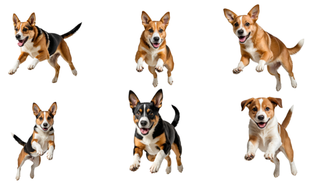 The image captures a delightful moment with six dogs in mid-air, leaping or running isolated on transparent or white background.