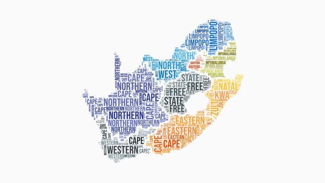 South Africa regions word cloud animation. Country logo animated video. South Africa colored text cloud. Regions typography style motion graphics. Vibrant video.