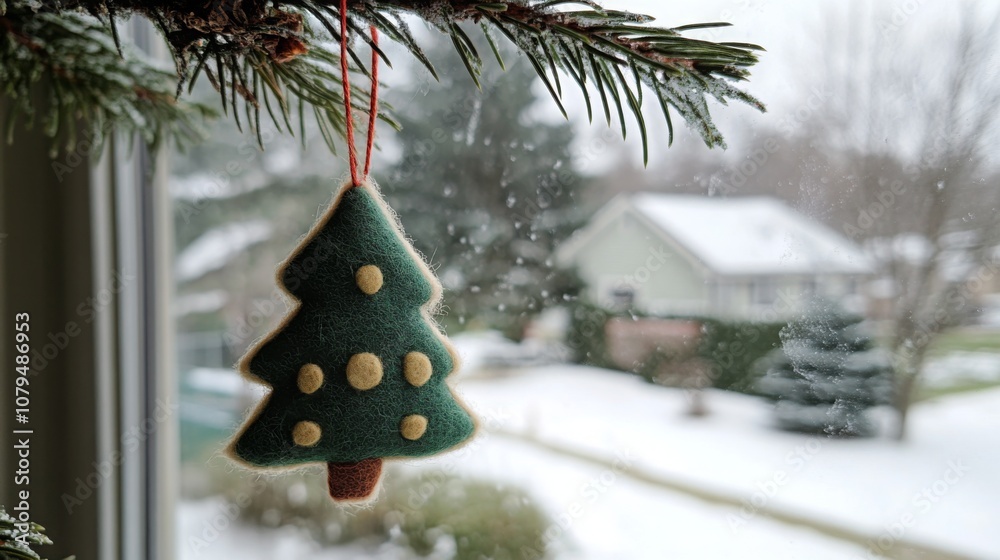 Poster a handmade felt christmas tree ornament dangles from a pine branch, while snow gently falls outside.