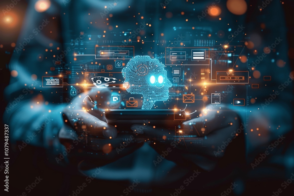 Poster businessman using smartphone with ai chat bot technology for communication