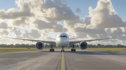 Fototapeta na wymiar A front view of a modern airplane on a runway under a cloudy sky.