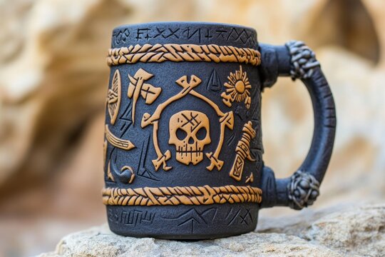 A vintage gothic mug with dark chocolate and rich, intense textures, creating a mysterious vibe