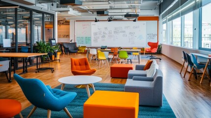 Open Workspace in Tech Startup, vibrant collaborative environment, colorful furniture, whiteboard walls, fostering creativity and teamwork among diverse professionals