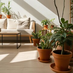 Minimalist living room with cozy sofa, indoor plants, and sunlight streaming in