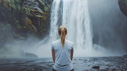 Obraz premium Serene Young Woman Meditating by Majestic Waterfall