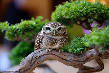 An owl resting on an ancient tree with twisted branches, symbolizing age and wisdom