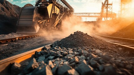 Fototapeta premium A large piece of mining equipment moves across a track, kicking up dust. The machine is blurred in the distance.