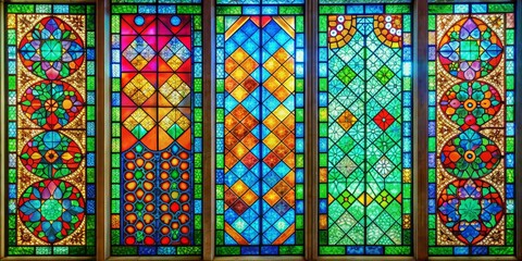 Five Panels of Vibrant Stained Glass, Geometric Patterns, Colorful Details, Church Window, Architecture, Religious Art