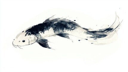 Ink painting of a koi fish on a white isolate background.