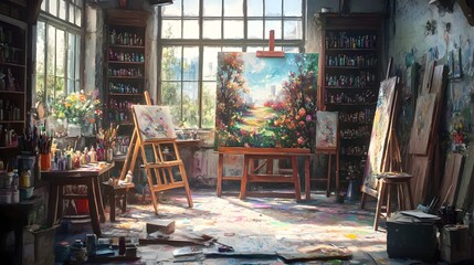 Naklejka premium A dynamic painting station filled with easels, brushes, paints, and sketchbooks, where an artist is creating a vibrant landscape, with splashes of color in every direction.A dynamic painting station f
