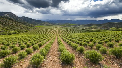 Naklejka premium A scenic view of lush green lavender fields under a dramatic sky.