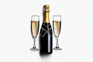 Outline of a champagne bottle and glass, symbolizing celebration on a white background