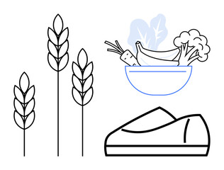 Wheat stalks, bowl with vegetables carrots, greens, and loaf of bread symbolizing organic foods and healthy eating. Ideal for nutritional guides, farm marketing, eco-friendly campaigns, wellness