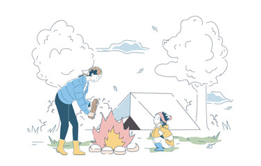 Family with camping. Mom and daughter sitting near campfire and tent. Active lifestyle, travel and tourism. Hiking in forest. Linear vector illustration isolated on white background