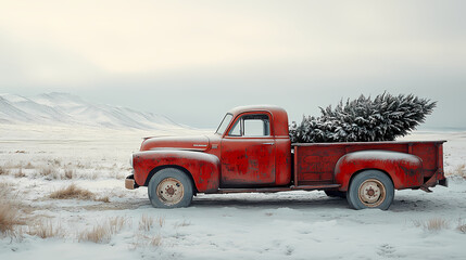 A red truck carries a Christmas tree in its bed.