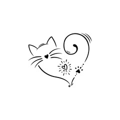 A playful cat illustration forms a heart with its tail, charming and whimsical, perfect for cat lovers and art fans!