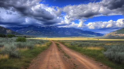 Wiejska, piaszczysta droga biegnie w stronę odległych gór, skrywanych częściowo pod warstwą chmur.