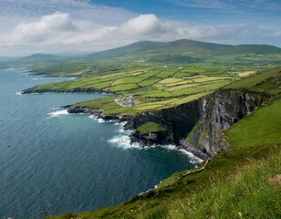 The Stunning Coastal Cliffs of Ireland&rsquo;s Ring of Kerry, Overlooking the Atlantic Ocean, With Rugged Shorelines, Rolling Green Hills, and Charming Coastal Villages