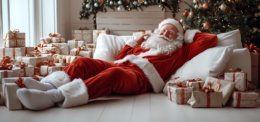 Santa Claus is lounging on a couch surrounded by gifts., season greetings card