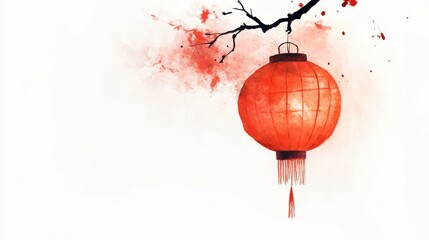 Red paper lantern hanging from a branch on a white background.