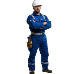 Fototapeta premium A confident male engineer, arms crossed, wearing blue workwear and a white safety helmet on a transparent background PNG