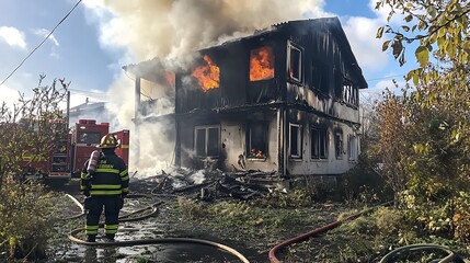 Fototapeta premium A firefighter stands before a burning building, battling a fire with smoke billowing from the windows.