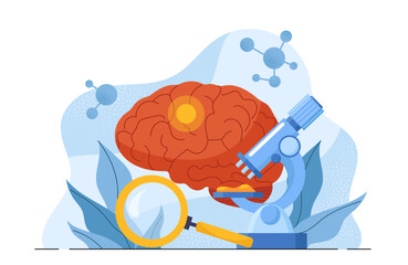 Checkup brain procedure. Magnifying glass and microscope near huge brains. Healthcare and medicine. Diagnosis and treatment. Scientific research in laboratory. Flat vector illustration